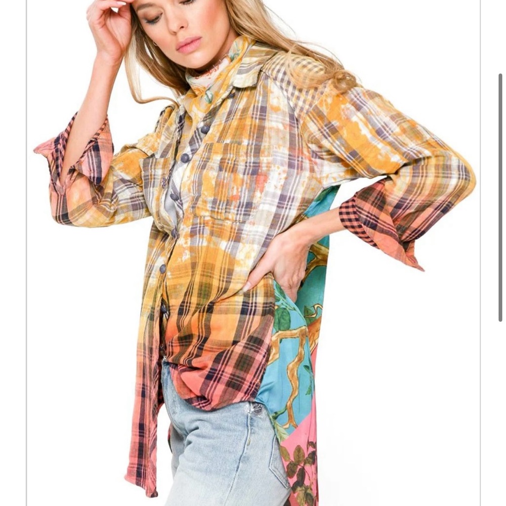 ARATTA HIBISCUS WASHED PLAID shirt with colorful bird-themed botanical print XS - Picture 3 of 16
